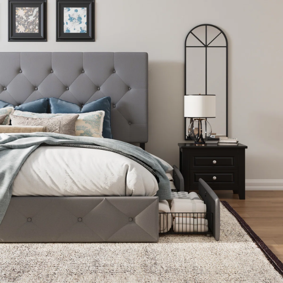 Queen Size Upholstered Platform Storage Bed with Tufted Button Accent Design