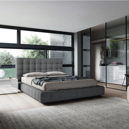 Upholstered Platform Bed with Square-Tufted Headboard, Basketweave Design, and Solid Eucalyptus Wood Frame – No Box Spring Needed