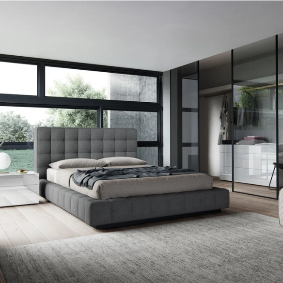 Upholstered Platform Bed with Square-Tufted Headboard, Basketweave Design, and Solid Eucalyptus Wood Frame – No Box Spring Needed