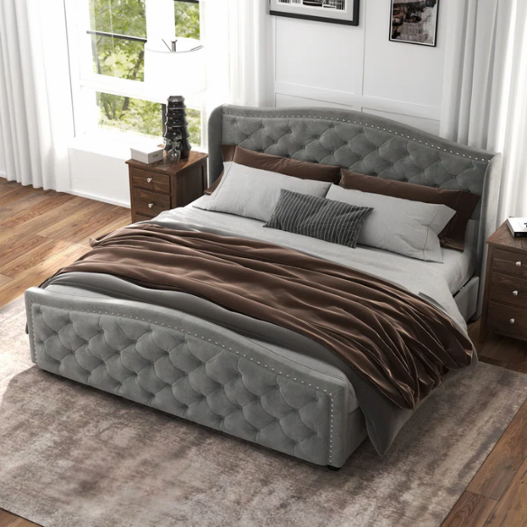 Luxurious King Size Velvet Upholstered Platform Bed with Tufted Camelback Headboard, Nailhead Trim, and 4 Built-In Storage Drawers – Stylish and Functional Bedroom Upgrade