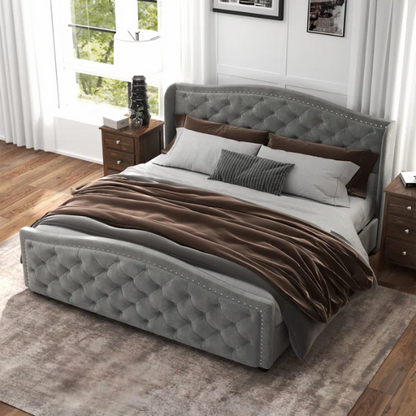 Luxurious King Size Velvet Upholstered Platform Bed with Tufted Camelback Headboard, Nailhead Trim, and 4 Built-In Storage Drawers – Stylish and Functional Bedroom Upgrade