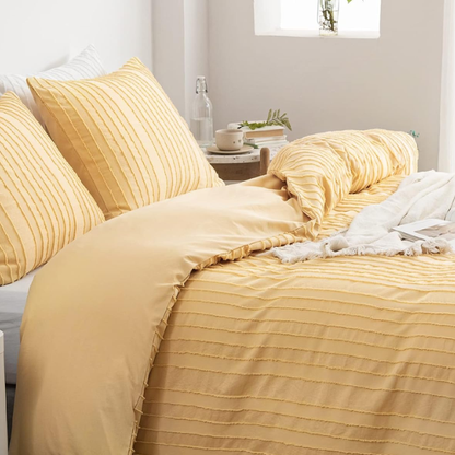 Luxurious Tufted Duvet Cover Set – Queen Size | Striped Textured Boho Bedding | Ultra-Soft Washed Microfiber | 3-Piece Set