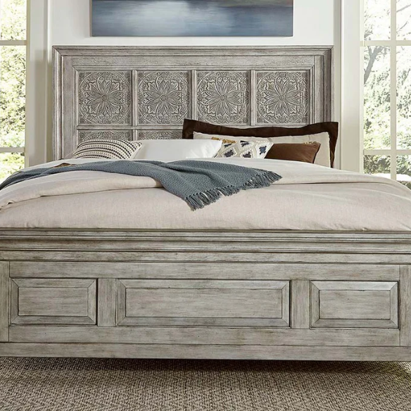 Transform Your Farmhouse Bedroom with the Queen Panel Bed, Dresser, Mirror, and Chest Set – Featuring Rustic Charm and Elegant Storage