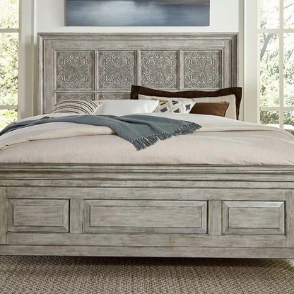 Transform Your Farmhouse Bedroom with the Queen Panel Bed, Dresser, Mirror, and Chest Set – Featuring Rustic Charm and Elegant Storage