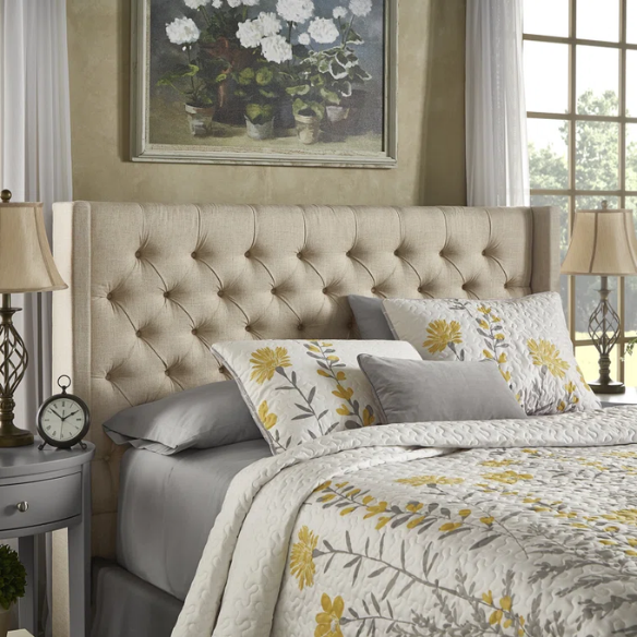 King Size Upholstered Wingback Bed with Linen Fabric, Tapered Legs, and Button Tufted Headboard
