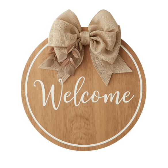 Round wooden White Script 'Welcome' Sign with Large Burlap Bow