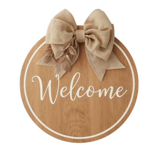 Round wooden White Script 'Welcome' Sign with Large Burlap Bow