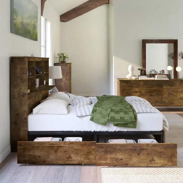 Innovative LED Bookcase Bed – Full/Double Size with Built-In Storage, Sleek Design, and LED Lighting for Modern Living