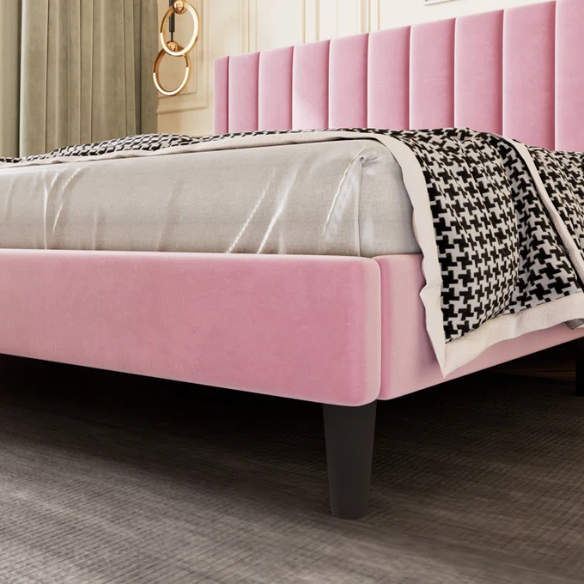 King Size Upholstered Platform Bed with Velvet Headboard, Foam Padding, and Noise-Free Construction for Ultimate Comfort