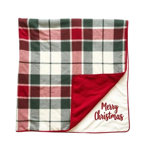 Embroidered Merry Christmas Holiday  Blanket – Red, Green & White Plaid