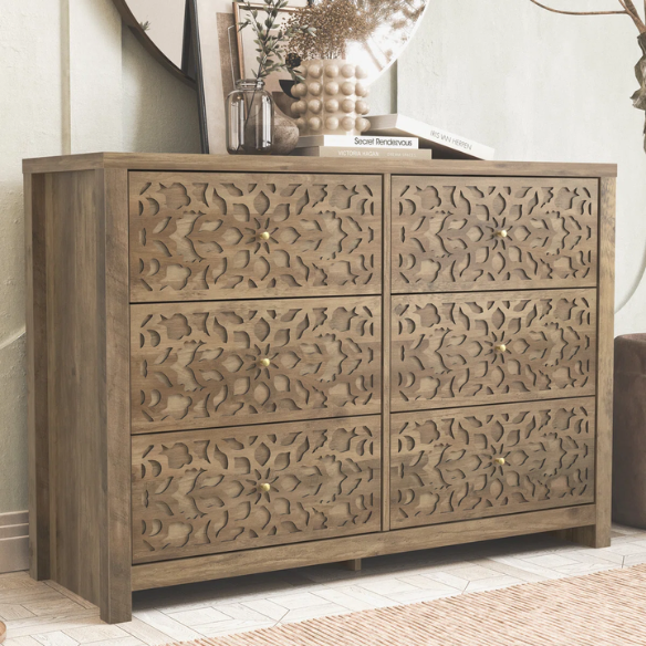Boho-Inspired 45.4" 6-Drawer Dresser with Distressed Finish and Openwork Floral Details