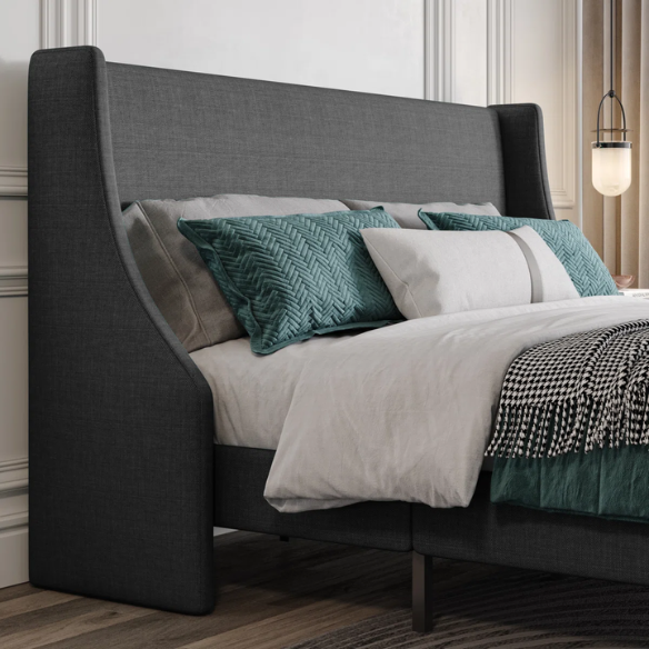 Modern Queen Size Upholstered Platform Bed with Deluxe Wingback and Linen Blend Fabric