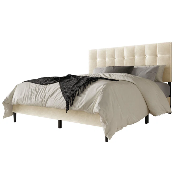 Luxurious Upholstered King Size Platform Bed with Tufted Velvet Headboard and Modern Tapered Legs – A Sophisticated Addition to Any Bedroom