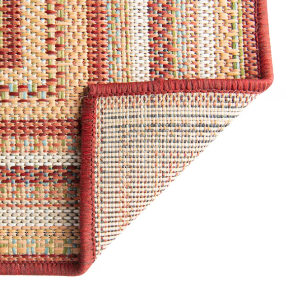 Coastal-Inspired Geometric Rug – Fade & Stain-Resistant, Burgundy,Ivory,Orange,Green,Blue Pattern, Ideal for Indoor/Outdoor Use