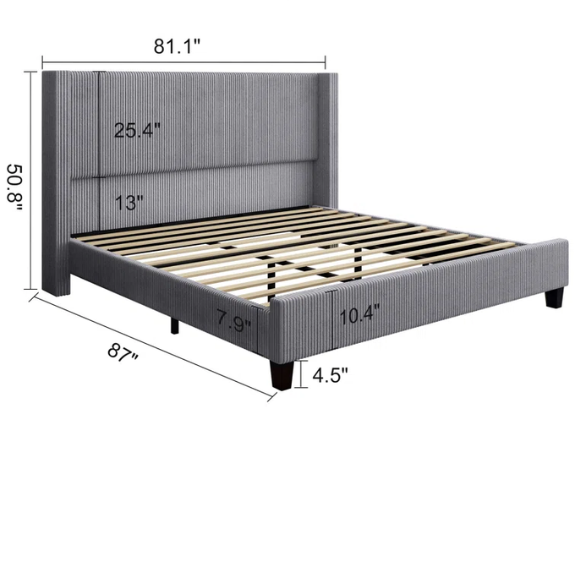 Modern King Size Corduroy Upholstered Bed with Wingback Design – Solid Wood and Metal Frame with Tapered Legs and Extra Cushioned Comfort