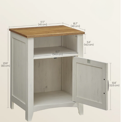 Farmhouse Nightstand with Cabinet & Open Compartment – Rustic Bedside Table, Distressed Finish, Barn Door Style, Matte Black Metal Handles, Flared Legs, Versatile Storage for Bedroom or Living Room