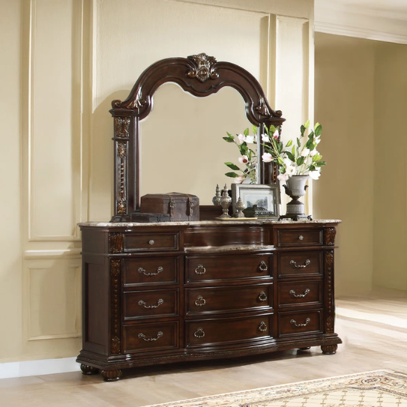 Classic Elegance 5-Piece Queen Bedroom Set in Dark Walnut with Button-Tufted Headboard, Marble-Topped Nightstand, 11-Drawer Dresser, Beveled Mirror, and Storage Chest