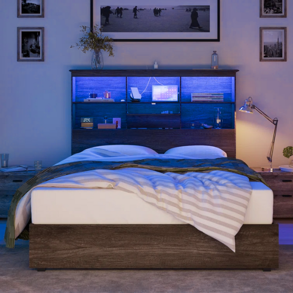 Innovative LED Bookcase Bed – Full/Double Size with Built-In Storage, Sleek Design, and LED Lighting for Modern Living
