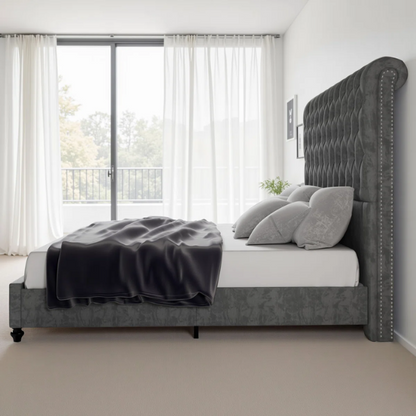 Luxurious Velvet Upholstered Sleigh Bed with Tufted Button and Gem-Accented Headboard