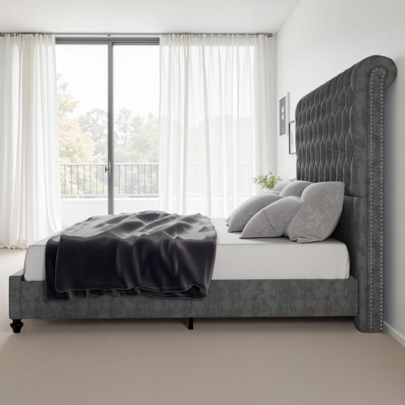 Luxurious Velvet Upholstered Sleigh Bed with Tufted Button and Gem-Accented Headboard