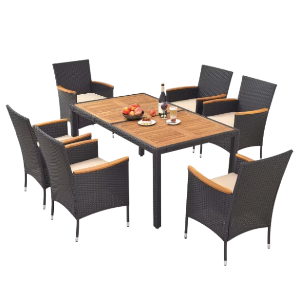 Outdoor Patio Dining Set | Acacia Wood Table and Chairs with Plush Cushions | Stylish Wicker Patio Furniture for Comfort and Elegance