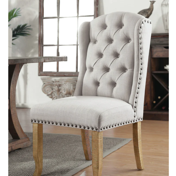 Neutral Ivory Wingback Dining Chairs – Set of 2, Tufted Back & Rustic Pine Legs