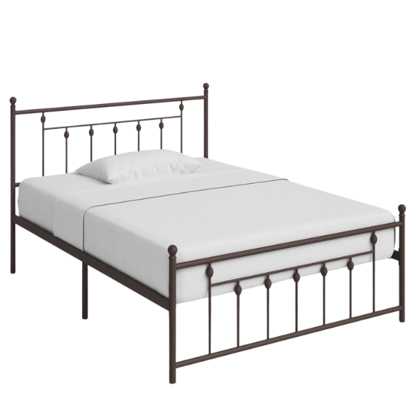 King Size Metal Open-Frame Platform Bed with Spindle Accents, Storage Footboard, and Slat Kit – No Box Spring Needed, Ideal for Farmhouse to French Country Styles
