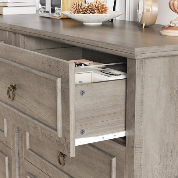 French Country-Inspired 5-Drawer Chest with Metal Ring Handles, Paneled Detailing, and Classic Crown Molding