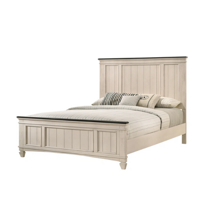 Elegant Cream & Brown 6-Piece Queen Panel Bedroom Set – Solid Wood Bed, Dresser, Mirror, 2 Nightstands, and Chest with Ample Storage