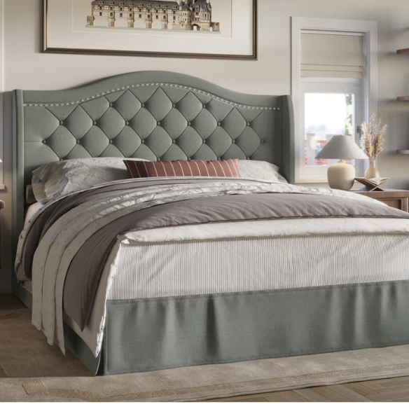 Elegant Upholstered Wingback Bed – Full/Double Size with Soft Polyester Fabric & Classic, Sophisticated Design