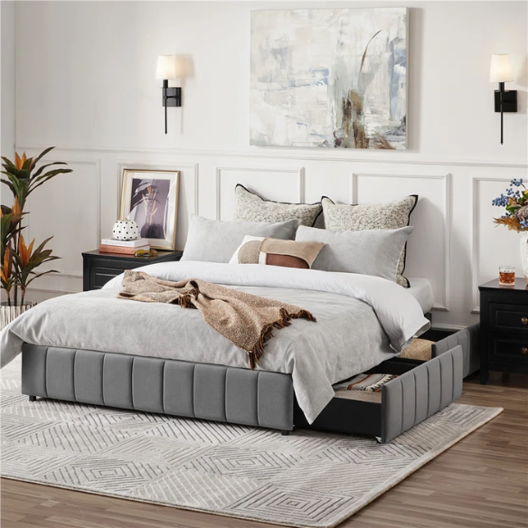 King Size Upholstered Platform Storage Bed with Velvet Fabric, Channel-Tufted Accents, and Built-In Drawers for Extra Storage