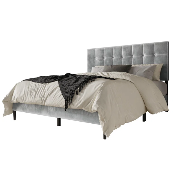 Luxurious Upholstered King Size Platform Bed with Tufted Velvet Headboard and Modern Tapered Legs – A Sophisticated Addition to Any Bedroom