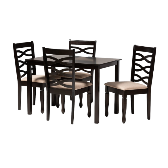 Contemporary 5-Piece Fabric & Wood Dining Set – Dark Walnut Table with Beige & Gray Upholstered Chairs
