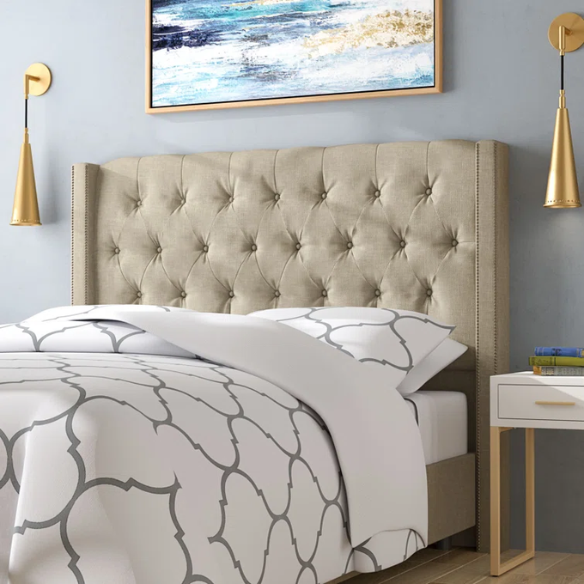 Timeless Upholstered Wingback King Size Bed with Button Tufting and Nailhead Trim
