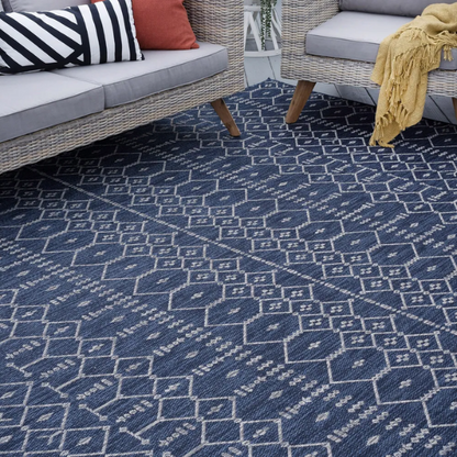 Boho-Inspired Navy & Grey Geometric Rug – Fade & Stain-Resistant, Low-Pile, Perfect for High-Traffic Indoor/Outdoor Spaces