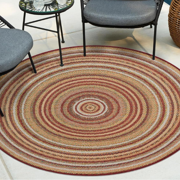 Coastal-Inspired Geometric Rug – Fade & Stain-Resistant, Burgundy,Ivory,Orange,Green,Blue Pattern, Ideal for Indoor/Outdoor Use