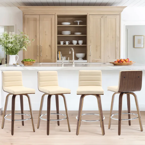Mid-Century Modern Faux Leather Swivel Counter/Bar Stools – 360° Swivel, Padded PU Leather Seat & Back, Durable Bentwood Legs, Metal Footrest, Supports Up to 440lbs for Home Bar or Kitchen