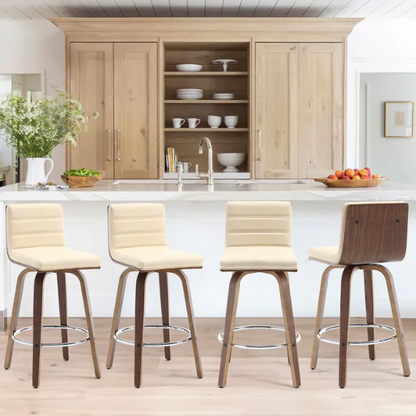 Mid-Century Modern Faux Leather Swivel Counter/Bar Stools – 360° Swivel, Padded PU Leather Seat & Back, Durable Bentwood Legs, Metal Footrest, Supports Up to 440lbs for Home Bar or Kitchen