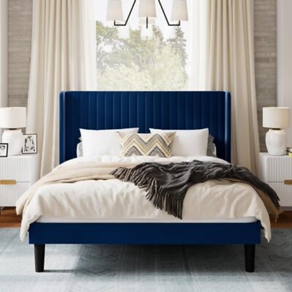 King Size Upholstered Platform Bed with Wingback Headboard – Simple, Elegant Design, Sturdy Wooden Slats, No Box Spring Needed for a Luxurious Sleep Experience