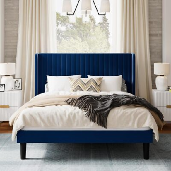 King Size Upholstered Platform Bed with Wingback Headboard – Simple, Elegant Design, Sturdy Wooden Slats, No Box Spring Needed for a Luxurious Sleep Experience