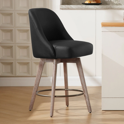Modern Counter Height Swivel Bar Stool – Upholstered Faux Leather/Polyester Blend Seat, Solid Beech Wood Frame, Ergonomic High Back, Bronze Metal Footrest, 300lb Capacity for Kitchen, Bar, or Pub