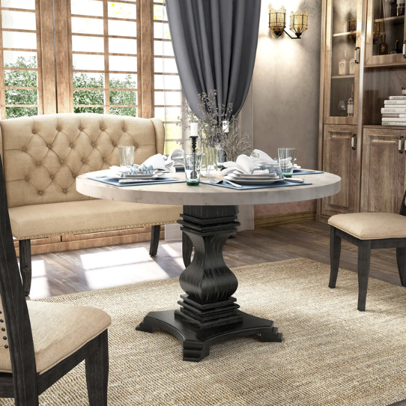 48-inch Round Black and White Marble Pedestal Dining Table – Rustic White with Antique Black Finish, Geometric Carved Base, Ideal for Modern Farmhouse Dining