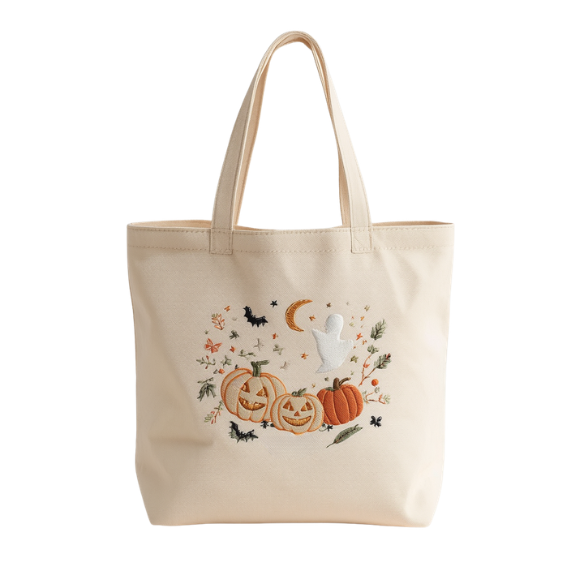 Embroidered Halloween Canvas Tote Bag with Jack-O'-Lanterns and Ghost Design