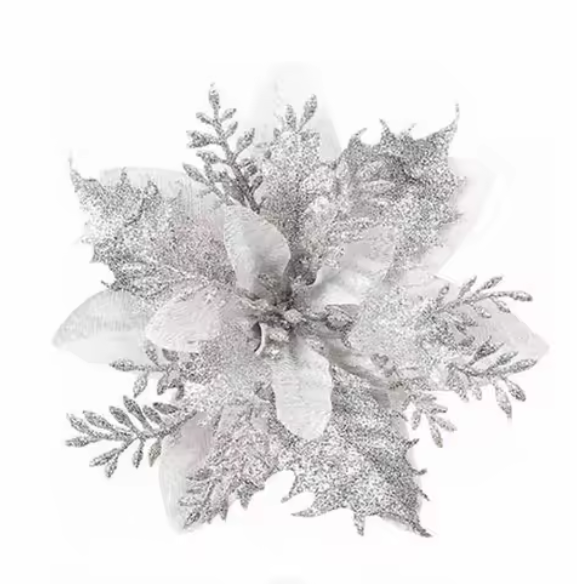 Silver Glitter Poinsettia Christmas Flowers – Elegant Artificial Holiday Décor (5 Pieces)
