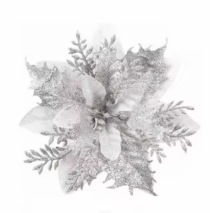 Silver Glitter Poinsettia Christmas Flowers – Elegant Artificial Holiday Décor (5 Pieces)
