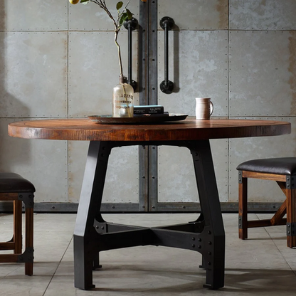 Round Dining/Gathering Table - Amber & Graphite, Solid Wood Planks with Industrial-Inspired Design, Adjustable Height for Family Gatherings