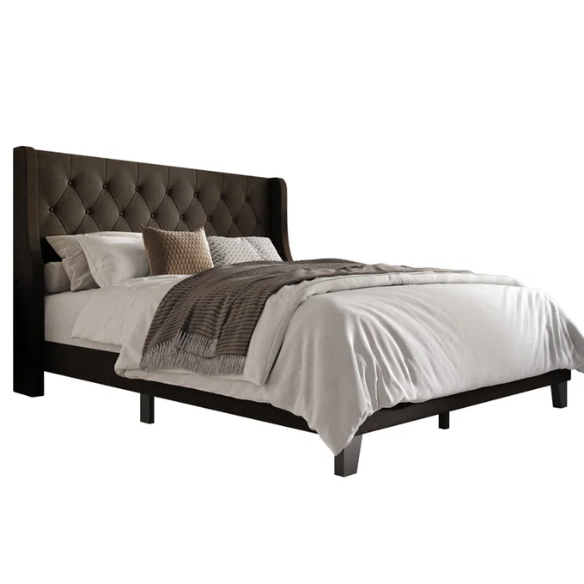 Elegant King Size Upholstered Wingback Bed with Button-Tufted Headboard – Foam-Padded for Ultimate Comfort and Support