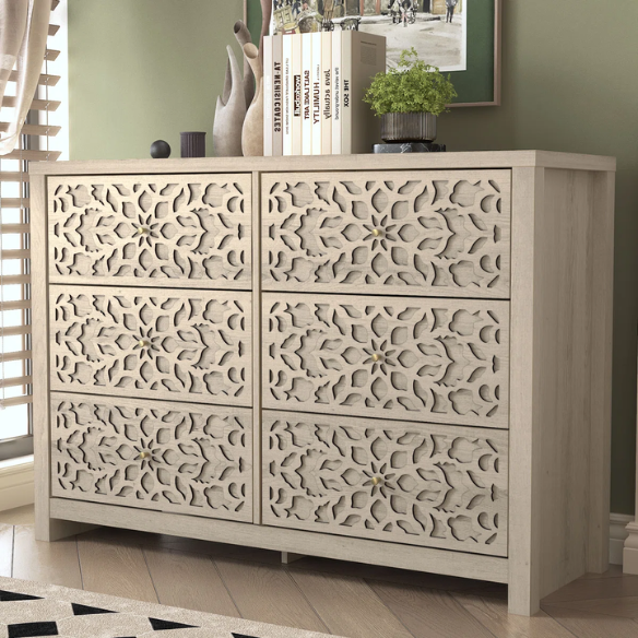 Boho-Inspired 45.4" 6-Drawer Dresser with Distressed Finish and Openwork Floral Details