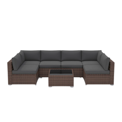 7-Piece Modular Patio Furniture Set | Wicker Outdoor Sectional Sofa with PE Rattan, Plush Pillowtop Cushions, and Coffee Table