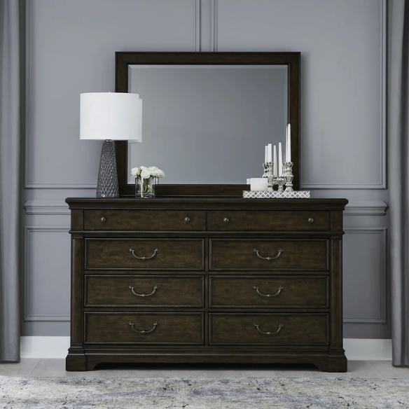 Classic Legacy Queen Bedroom Set – Bed, Dresser, Mirror, and Nightstand in Satin Cherry with Rustic Alder Veneers and Antique Brass Accents